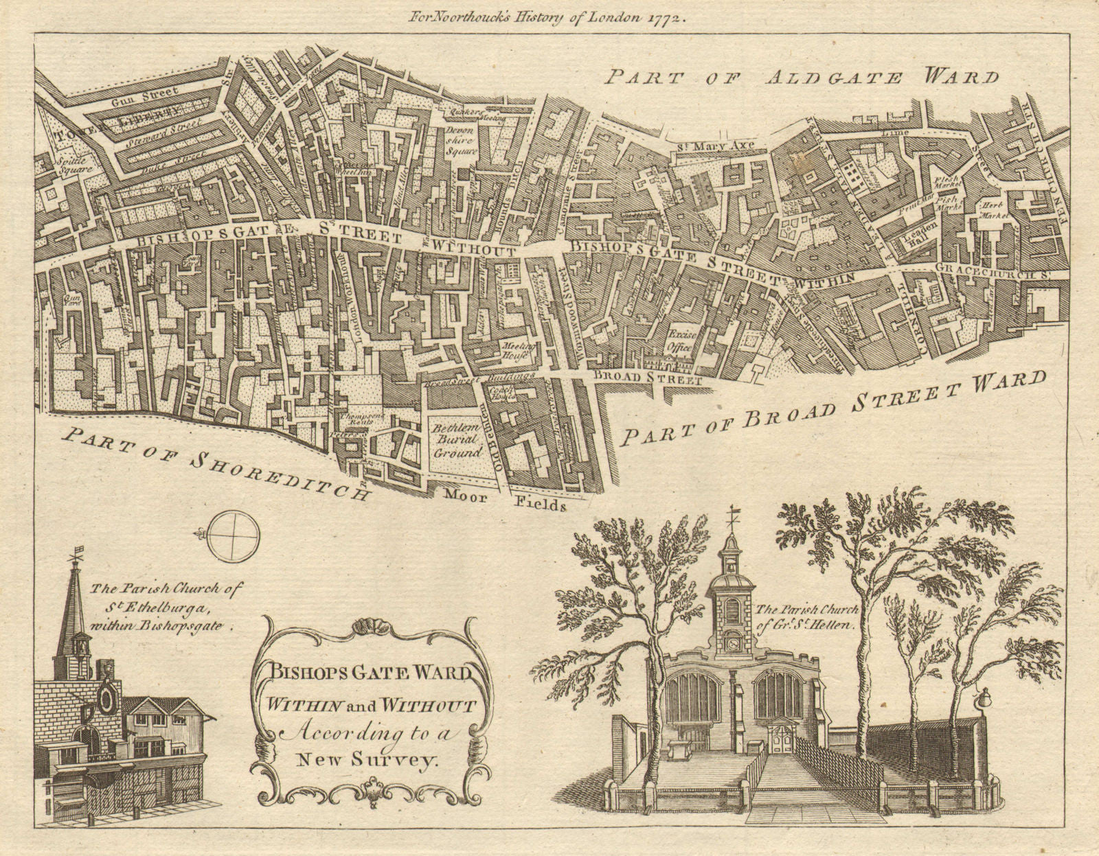 BISHOPSGATE WARD WITHIN & WITHOUT. City of London. BOWEN / NOORTHOUCK 1772 map